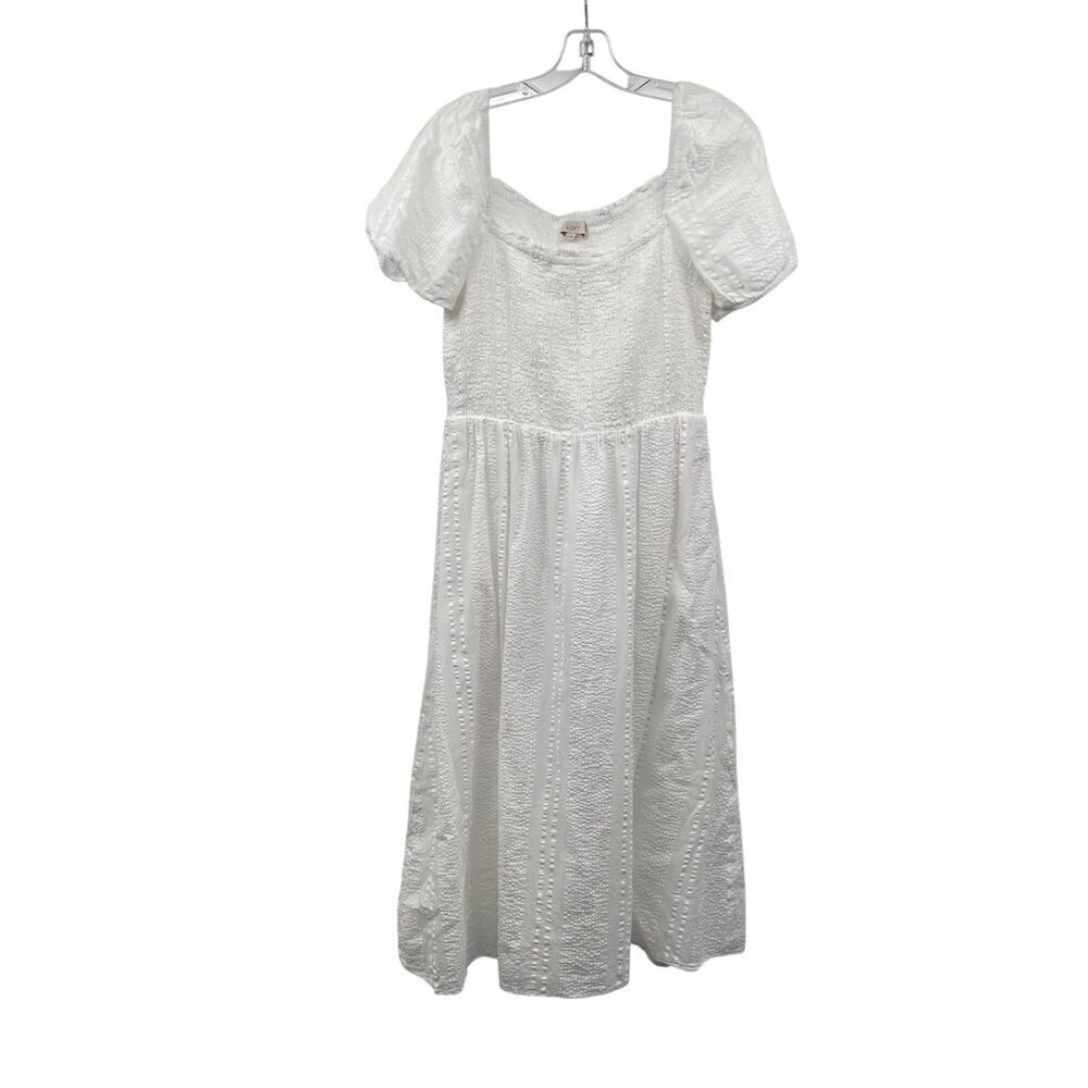 Loft Womens Midi Sundress Short Puff Sleeve Textured White Size Medium Smocked